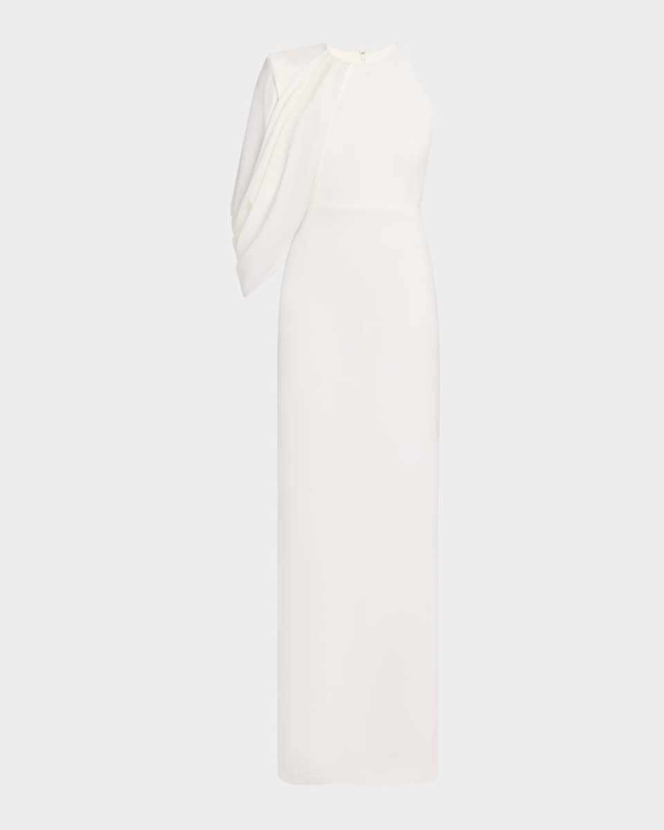 Asymmetric Cape-Sleeve Crepe Column Gown